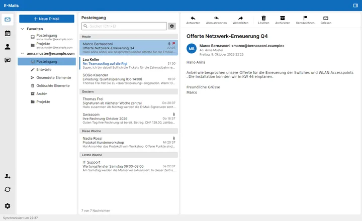 Neruna Desktop: Posteingang mit Ordnern, Liste und Lesebereich