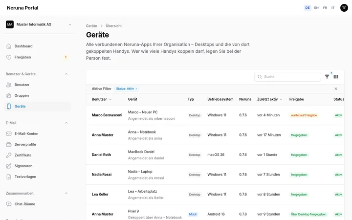 Geräte: Desktops und gekoppelte Handys, mit Freigabe und Status