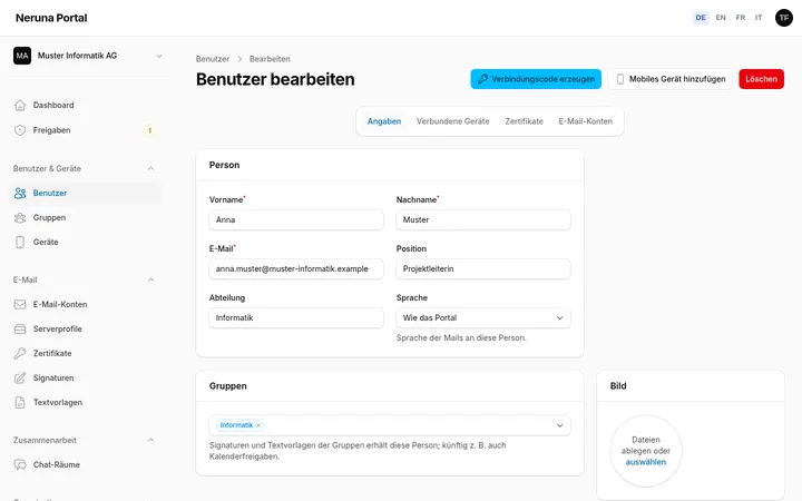 Benutzer bearbeiten: Angaben, Geräte, Zertifikate und Konten