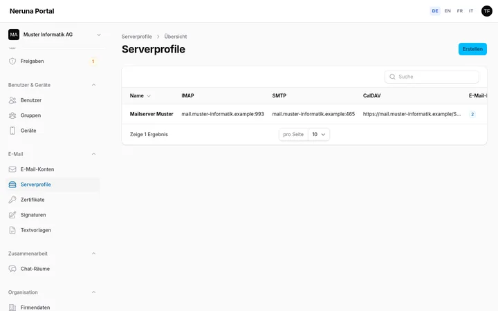 Serverprofile für IMAP, SMTP, CalDAV und CardDAV