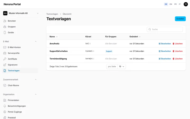 Textvorlagen mit Kürzel und Gruppen